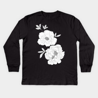 Black Peony Pattern Kids Long Sleeve T-Shirt